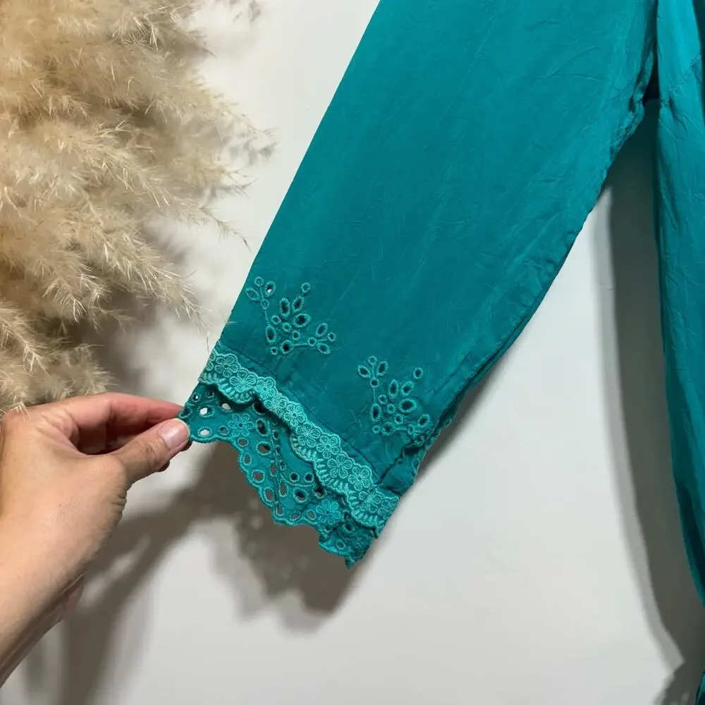 Johnny Was Teal Cupra Rayon Embroidered Cinch Waist Tunic Top Size S 3/4 Sleeve